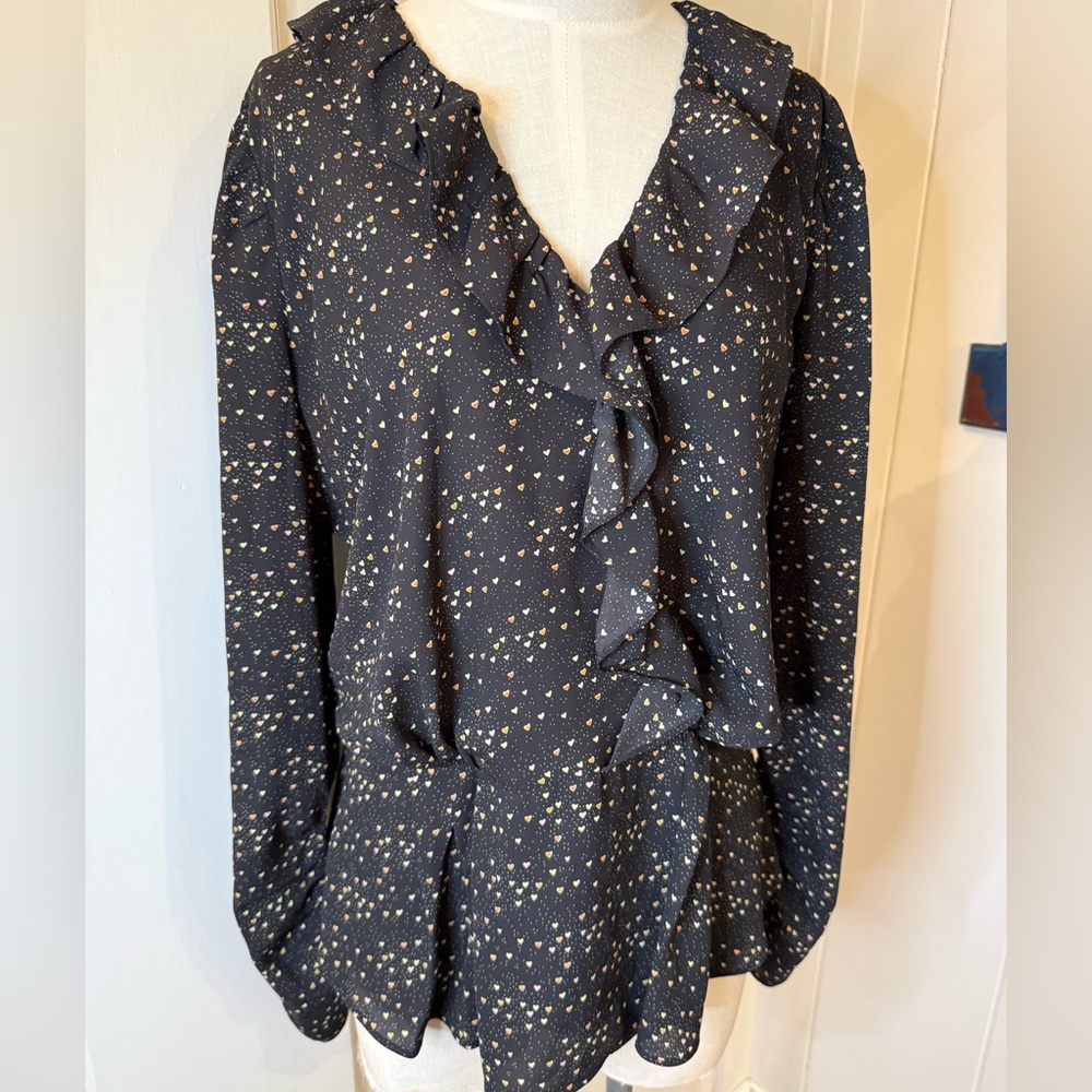 CAbi Black Ruffle V-Neck Blouse with Tiny Multicolor hearts Sz M